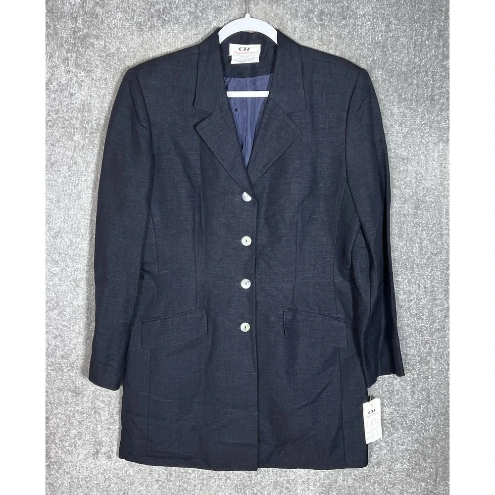 Vintage GH Signature Linen Blend Blazer Skirt Suit Womens Sz 12 Blue Lined New